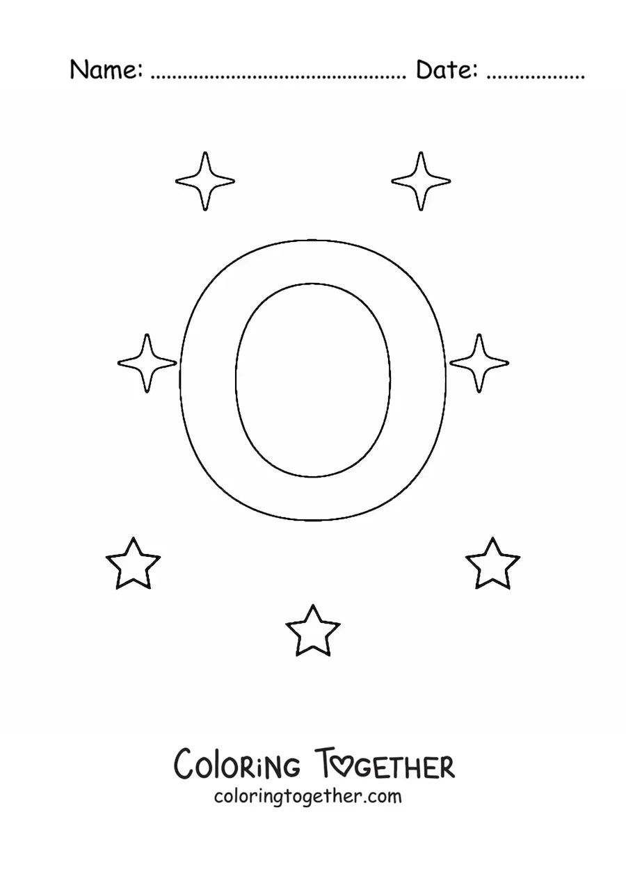 Coloring page of an uppercase letter O with stars