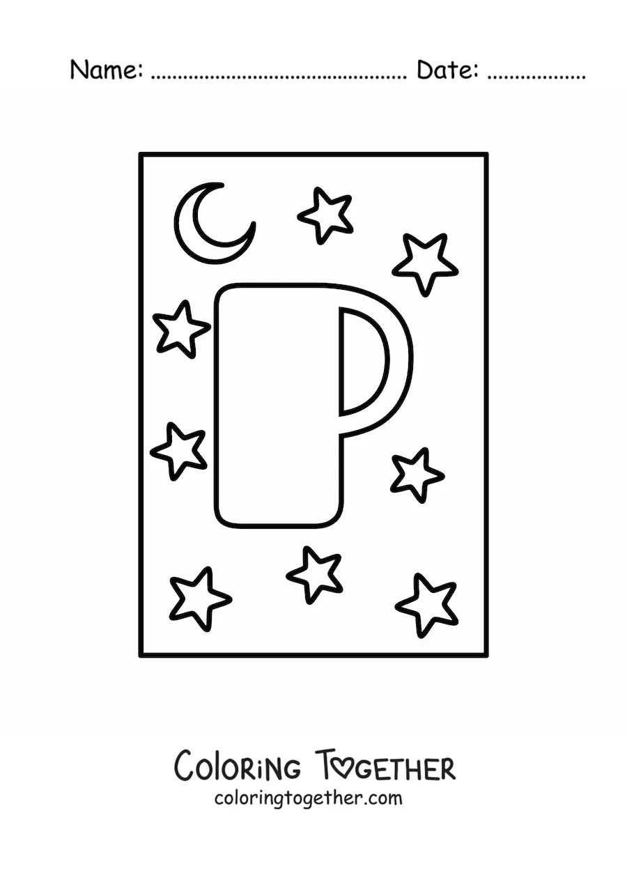 Coloring page of an uppercase letter P with stars and a moon