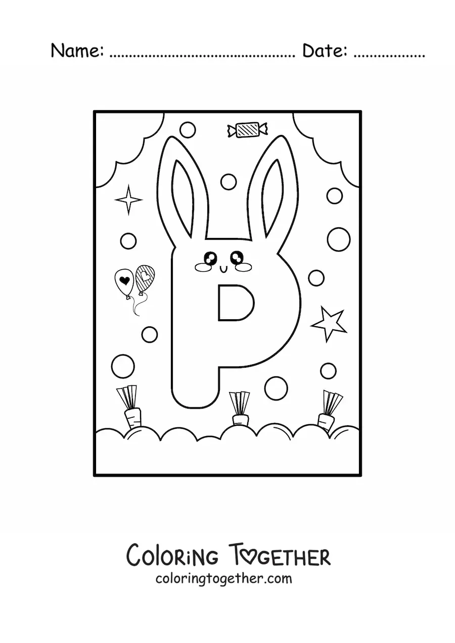 Coloring page of the letter P shaped like an animated kawaii rabbit