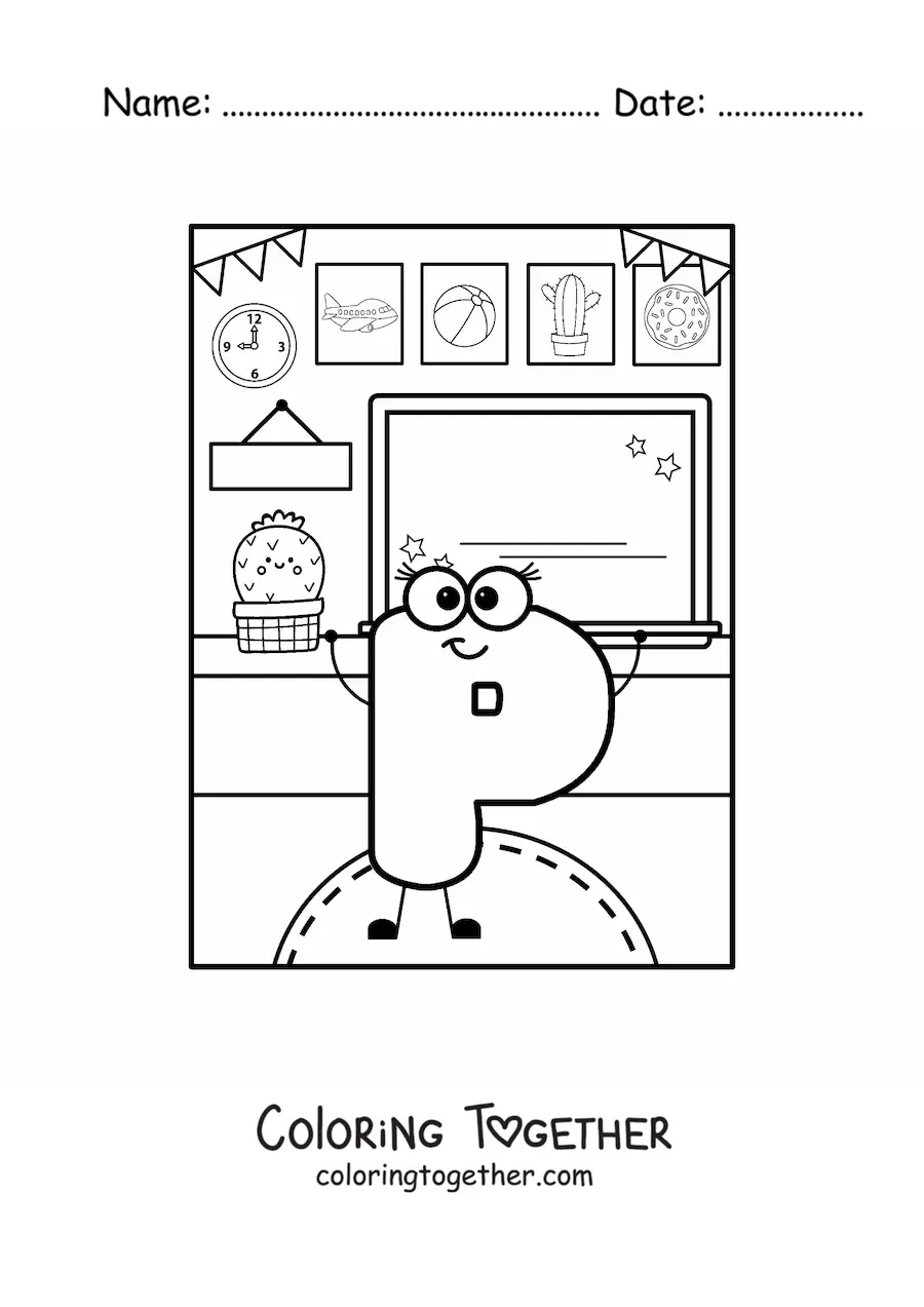 Coloring page of the animated letter P at school