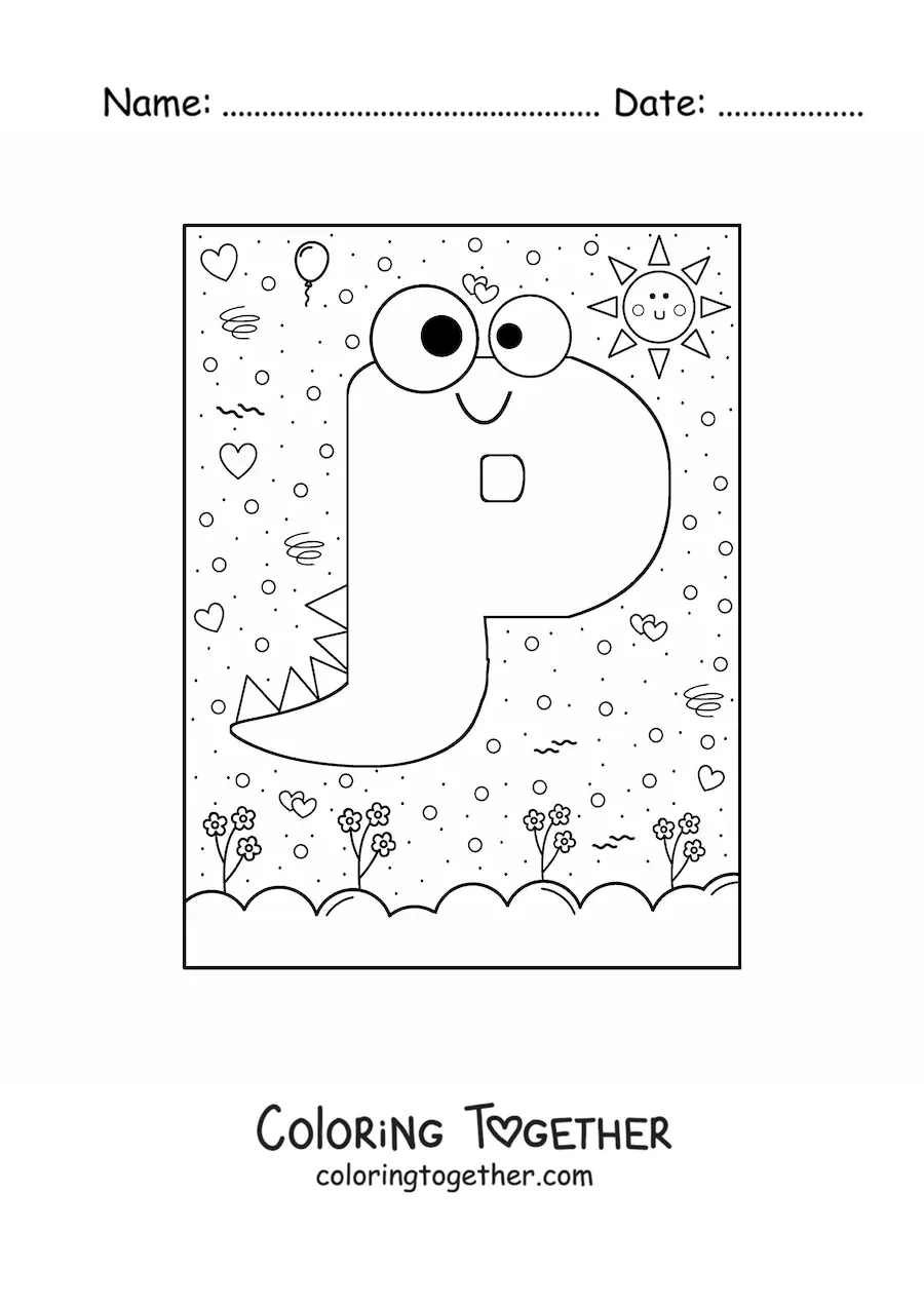 Coloring page of the animated letter P shaped like a cartoon monster
