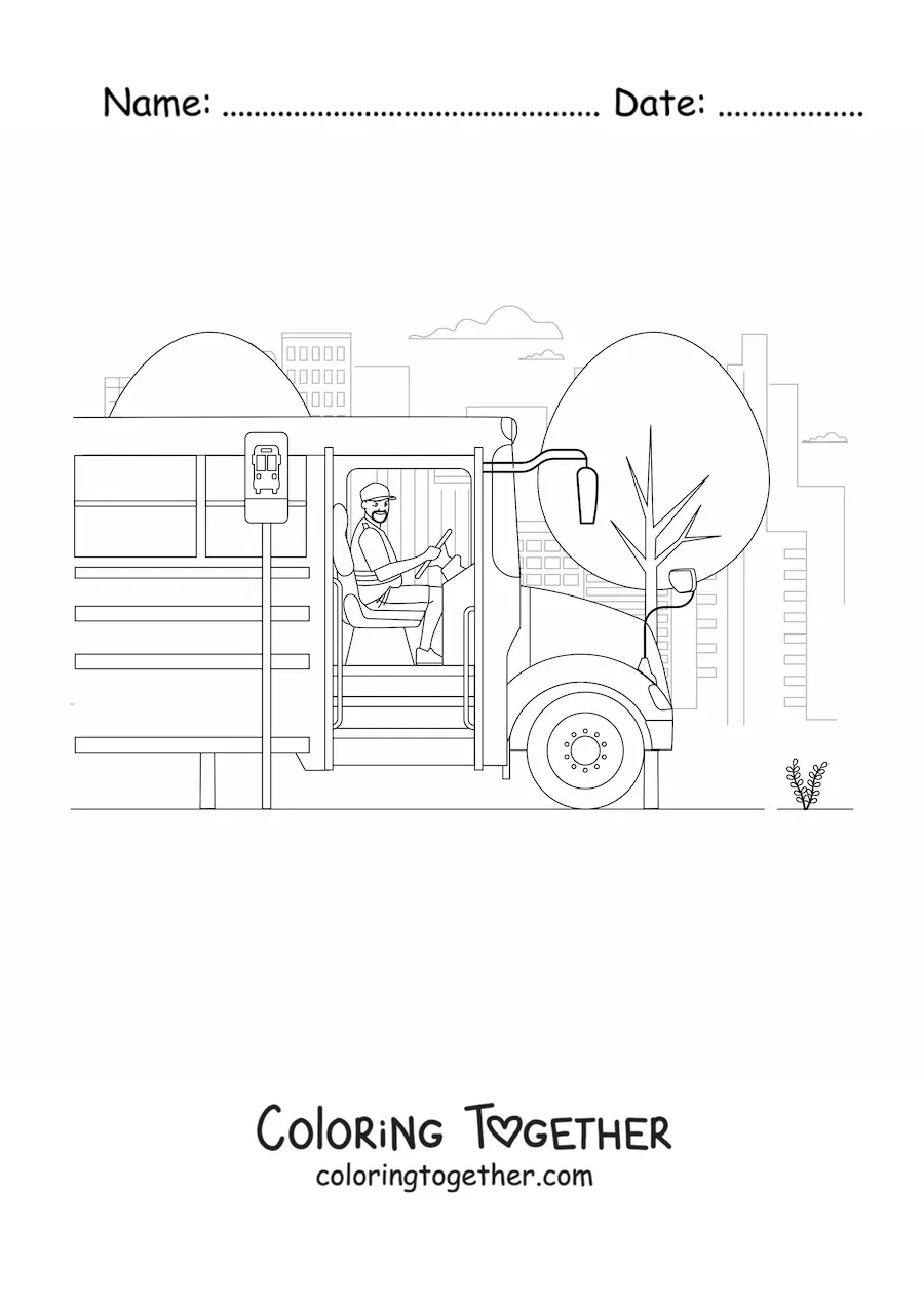 Coloring page of a bus driver at the stop