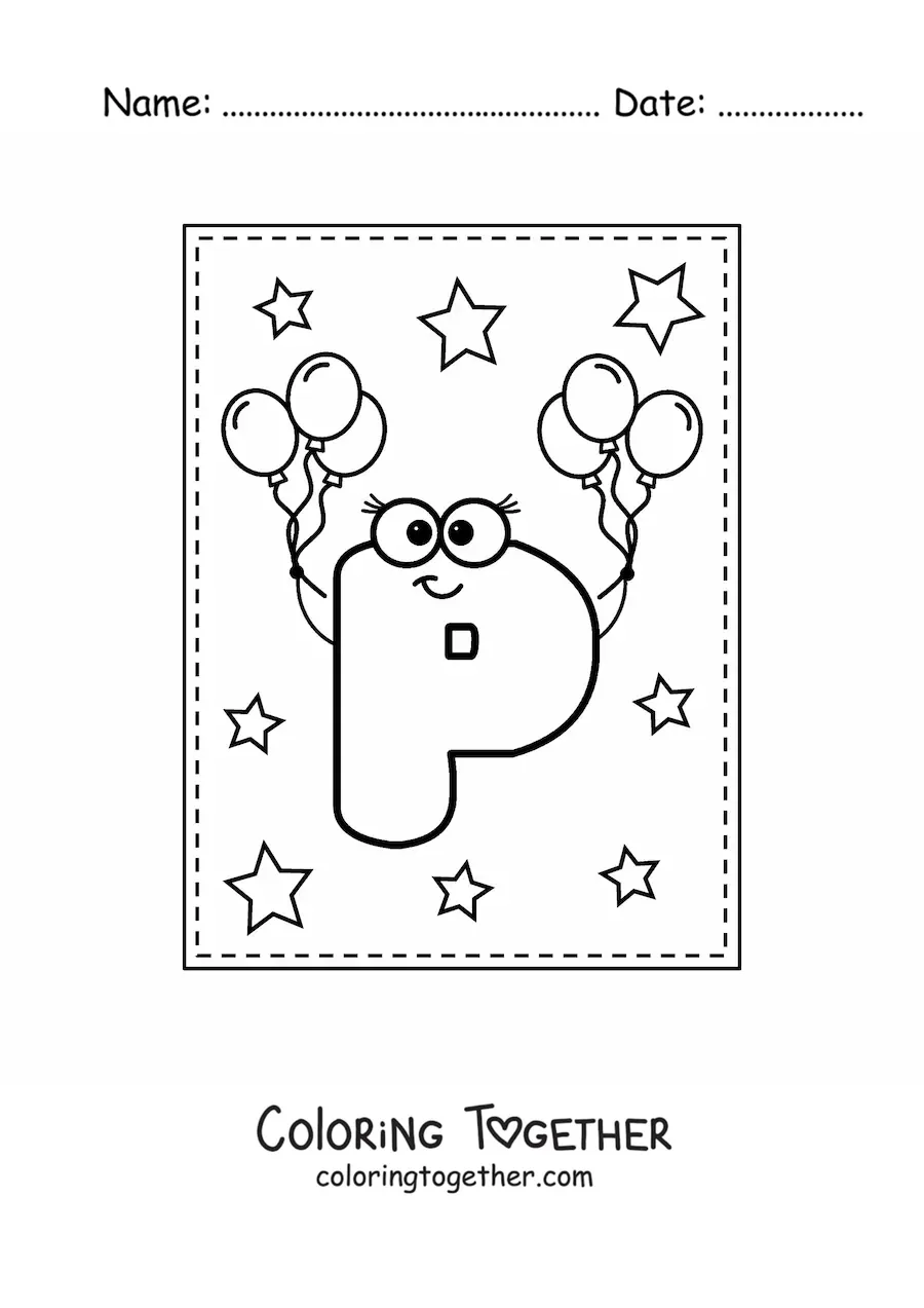 Coloring page of the animated uppercase letter P with balloons
