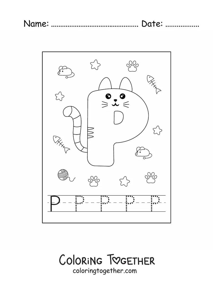 Coloring page of the animated letter P shaped like a cat