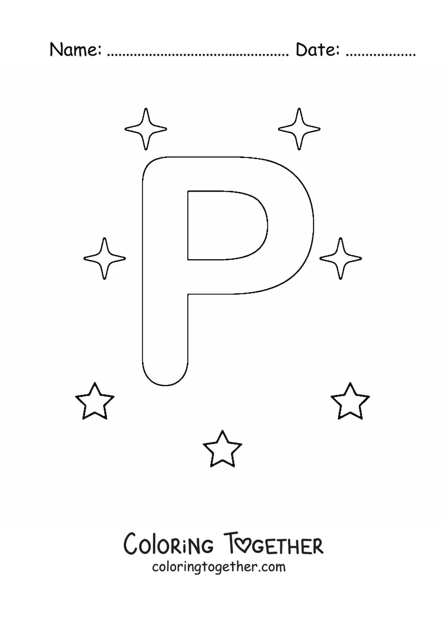 Coloring page of an uppercase letter P with stars