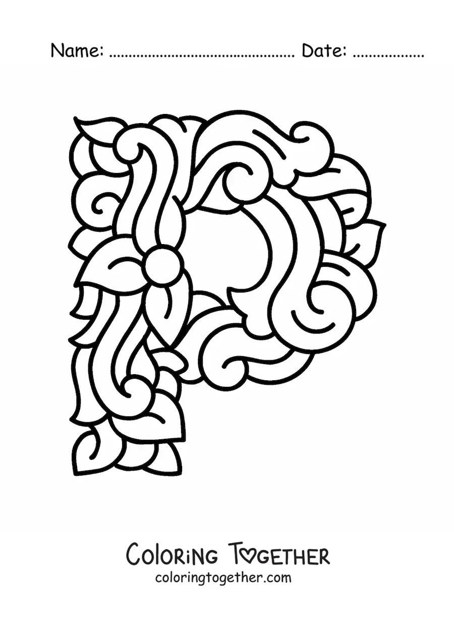 Coloring page of a decorated uppercase letter P