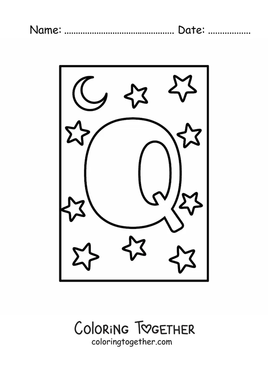 Coloring page of an uppercase letter Q with stars and a moon