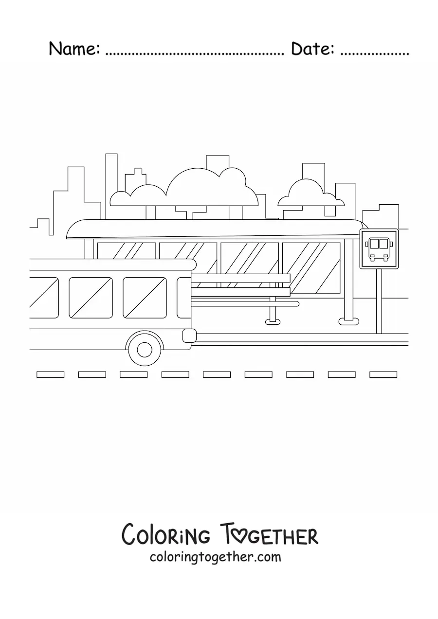 Coloring page of a bus stop in the city