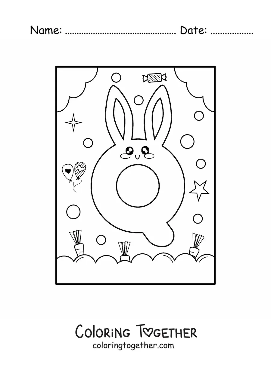 Coloring page of the letter Q shaped like an animated kawaii rabbit