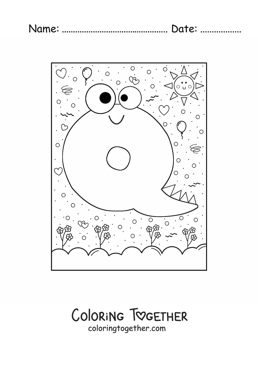 Coloring page of the animated letter Q shaped like a cartoon monster