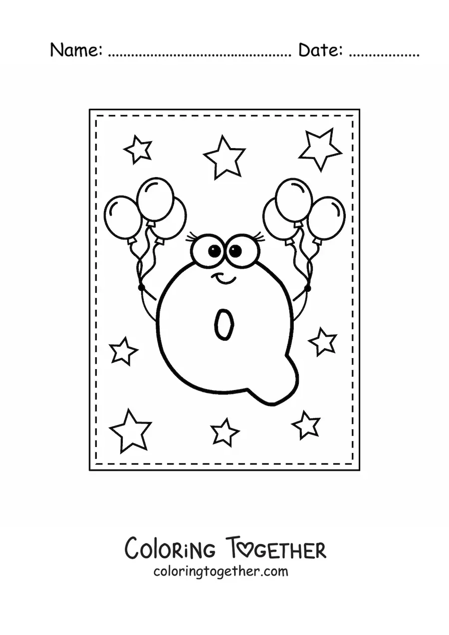 Coloring page of the animated uppercase letter Q with balloons