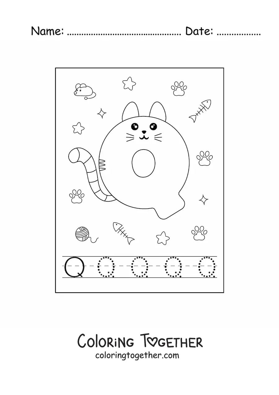 Coloring page of the animated letter Q shaped like a cat
