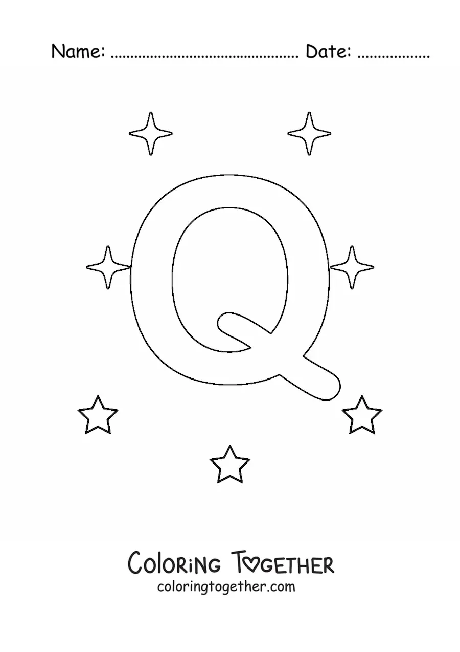 Coloring page of an uppercase letter Q with stars