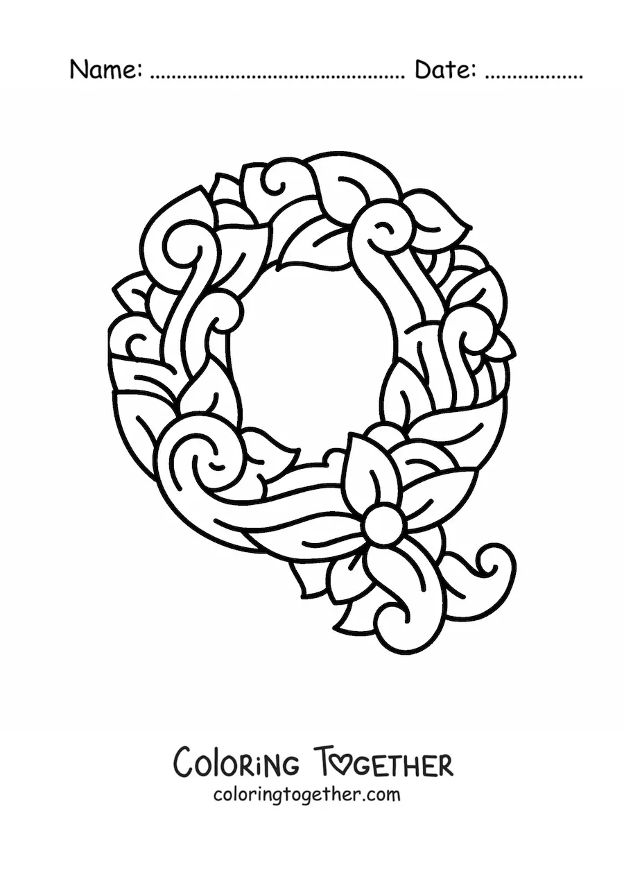Coloring page of a decorated uppercase letter Q