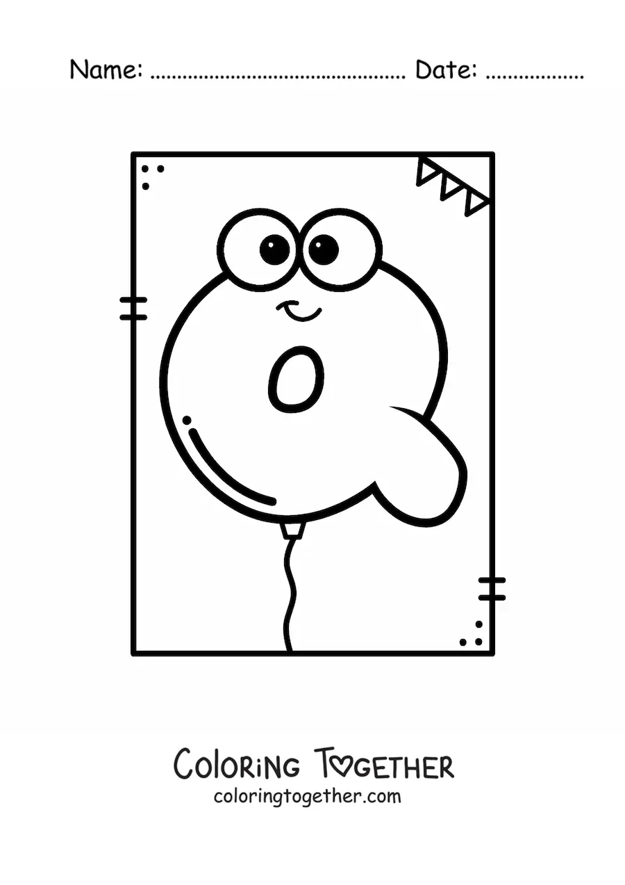 Coloring page of the animated letter Q shaped like a balloon