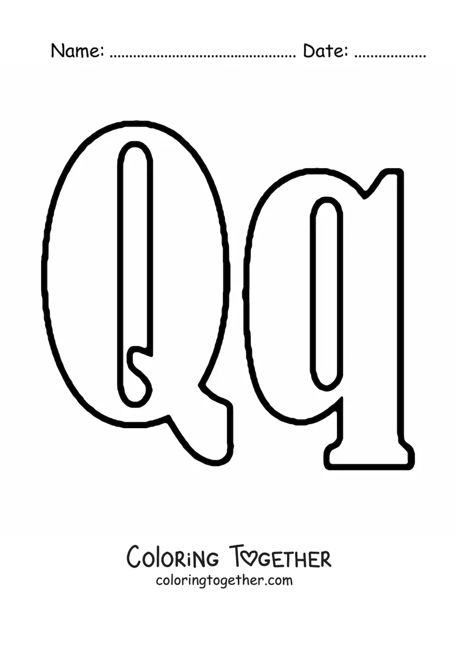Coloring page of a large uppercase and lowercase letter Q