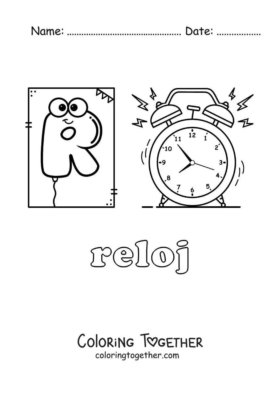 Coloring page of R for clock