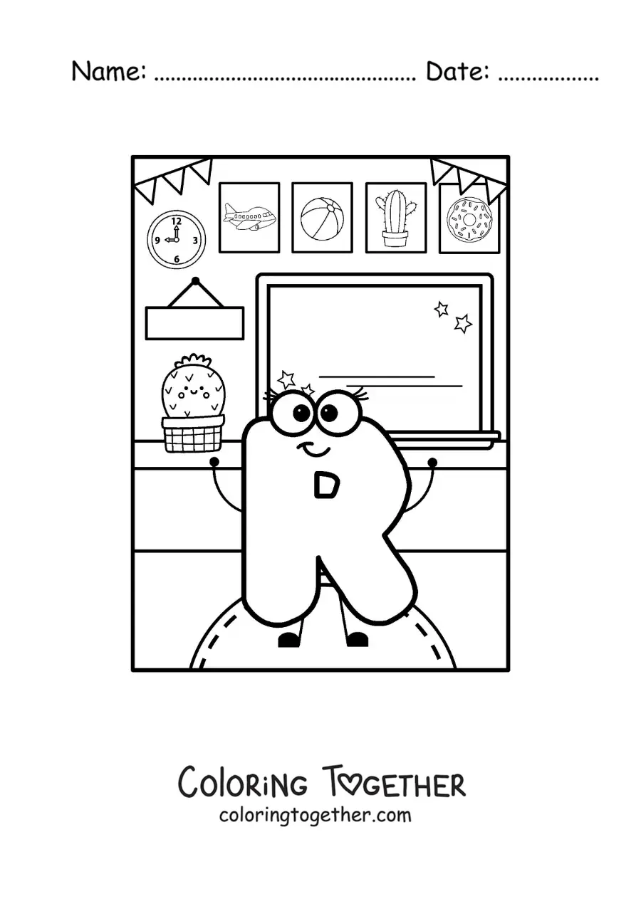Coloring page of the cartoon letter R at school