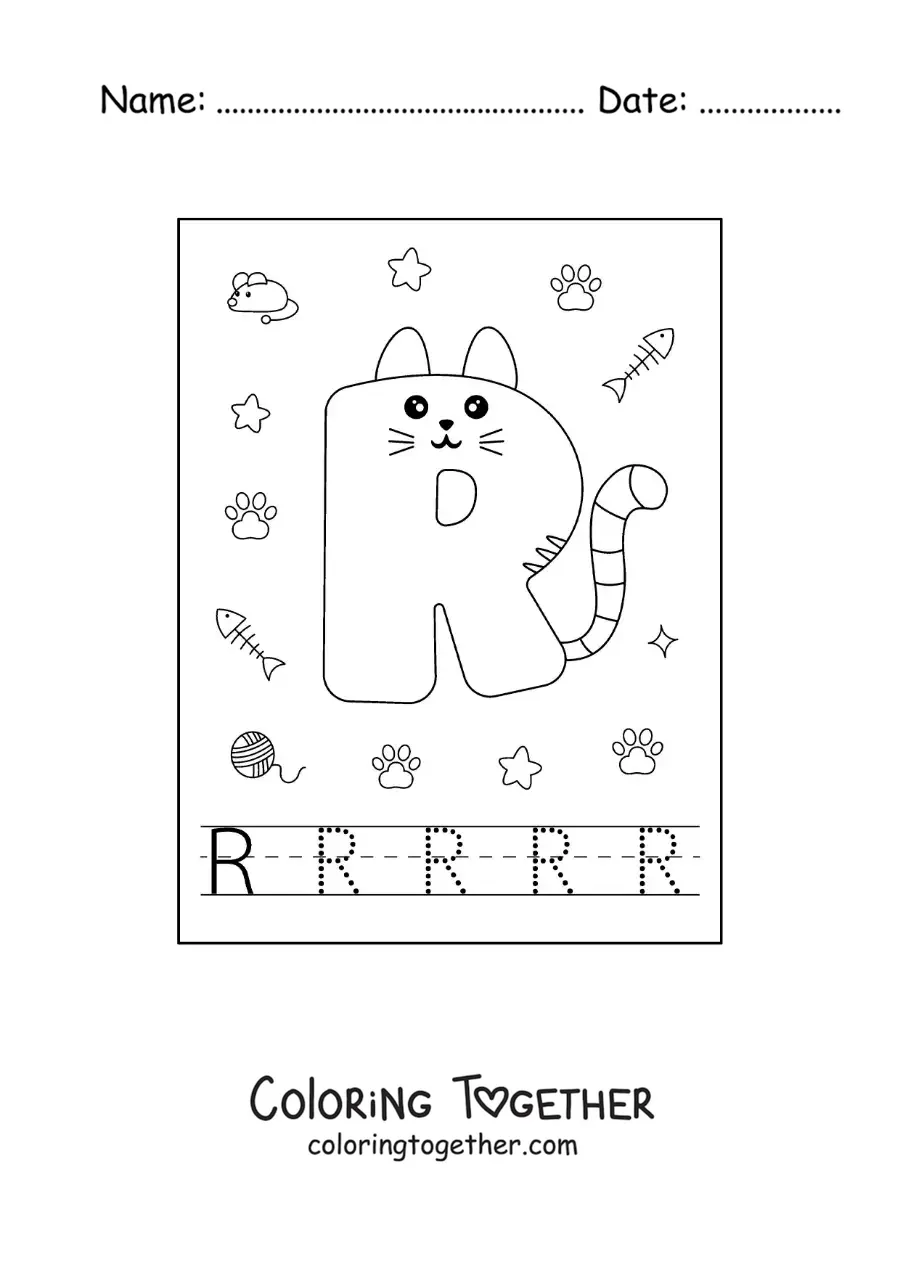 Coloring page of the cartoon letter R shaped like a cat