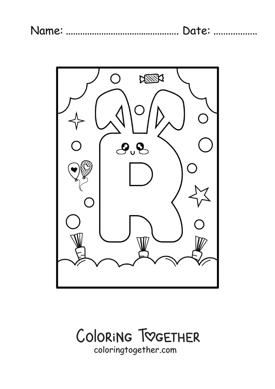Coloring page of the letter R shaped like a cartoon kawaii rabbit