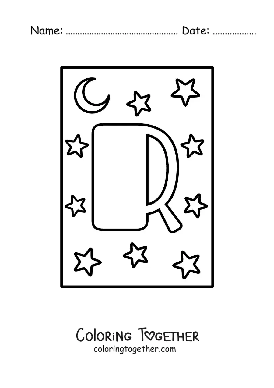Coloring page of the uppercase letter R with stars and a moon