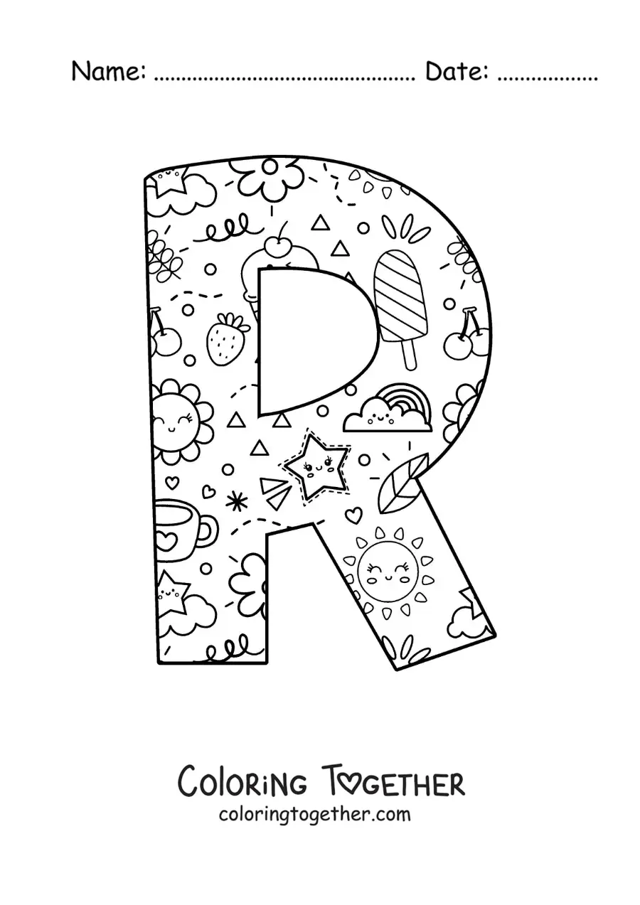 Coloring page of the letter R with cartoons