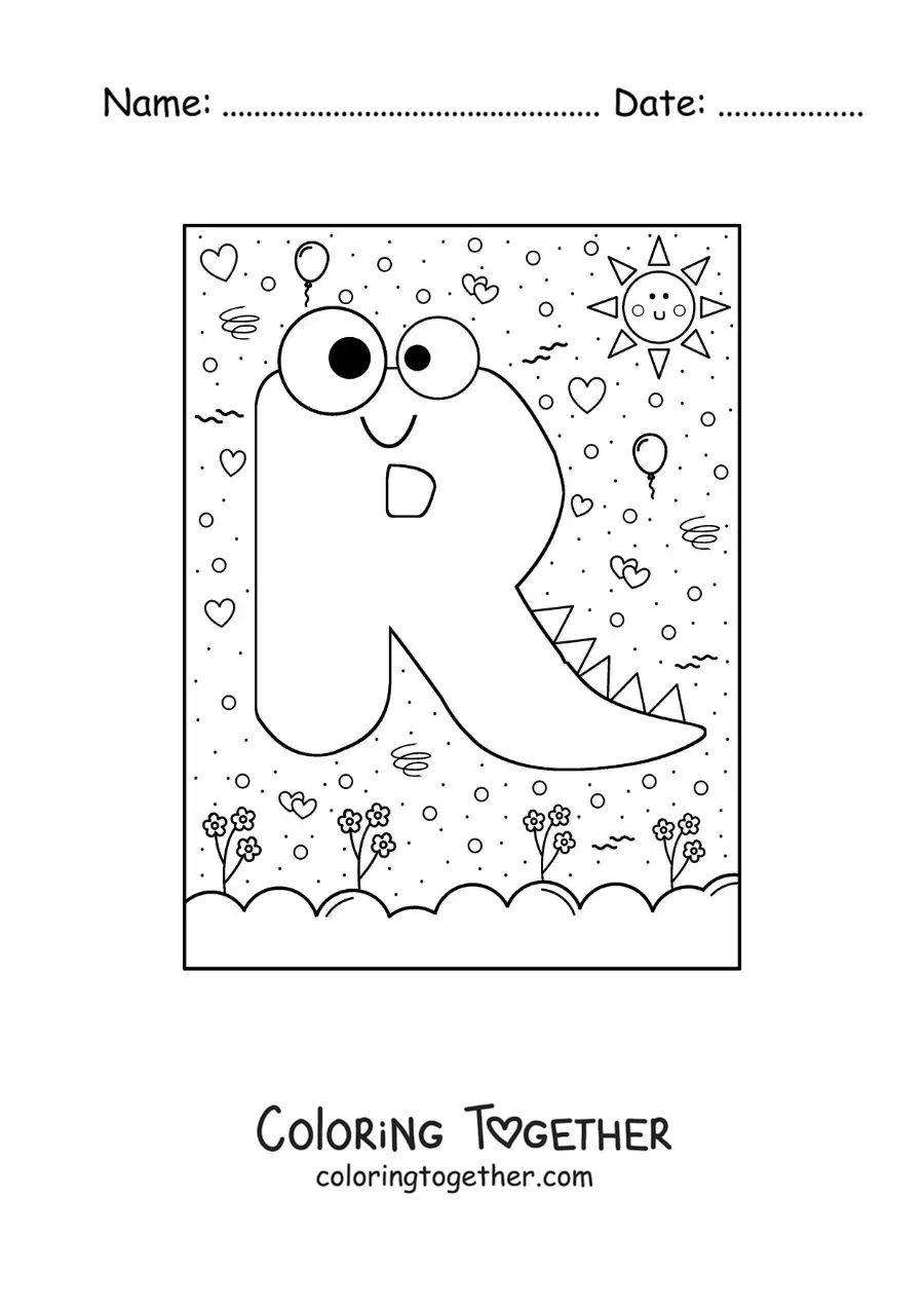 Coloring page of the cartoon letter R shaped like a monster