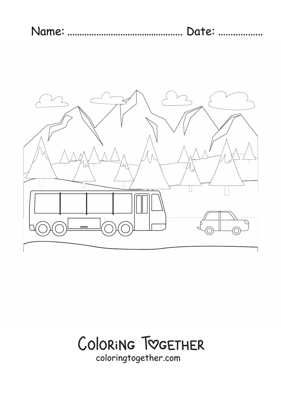 Coloring page of a travel bus driving through the mountains