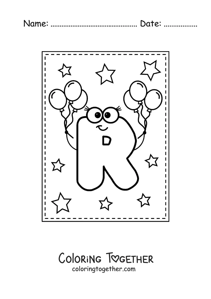 Coloring page of the cartoon uppercase letter R with balloons