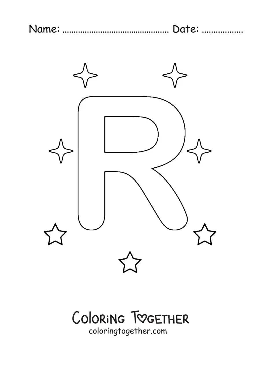 Coloring page of the uppercase letter R with stars
