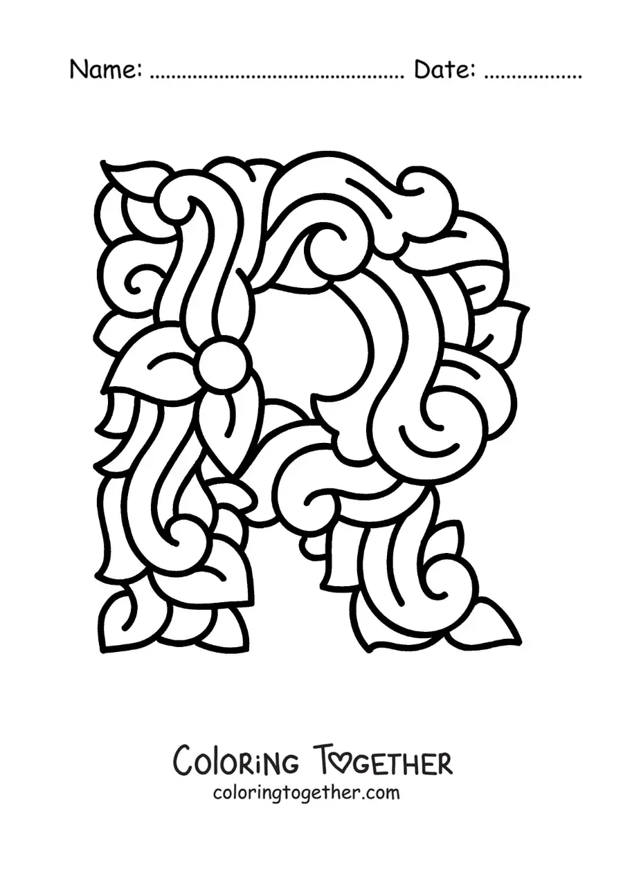 Coloring page of a decorated uppercase letter R