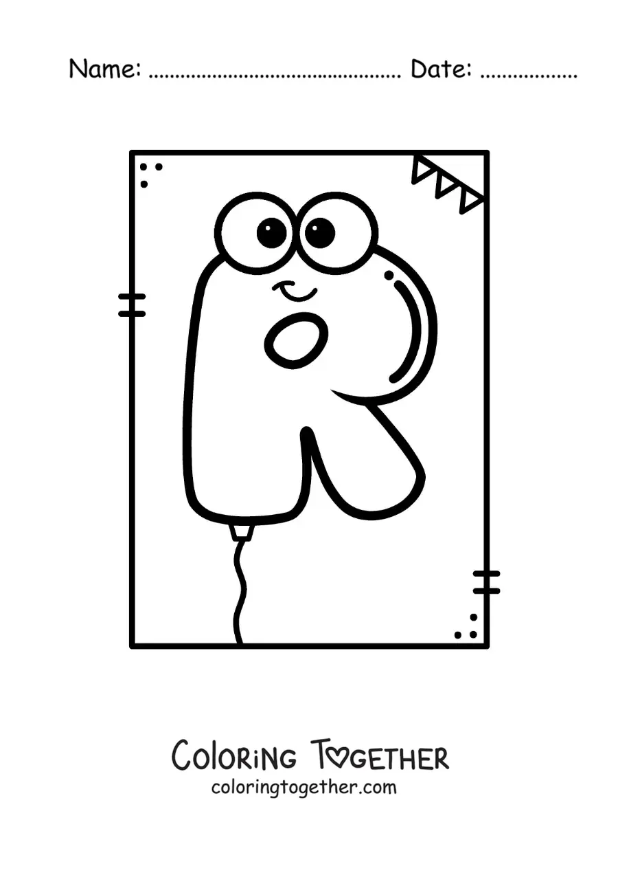 Coloring page of the cartoon letter R shaped like a balloon