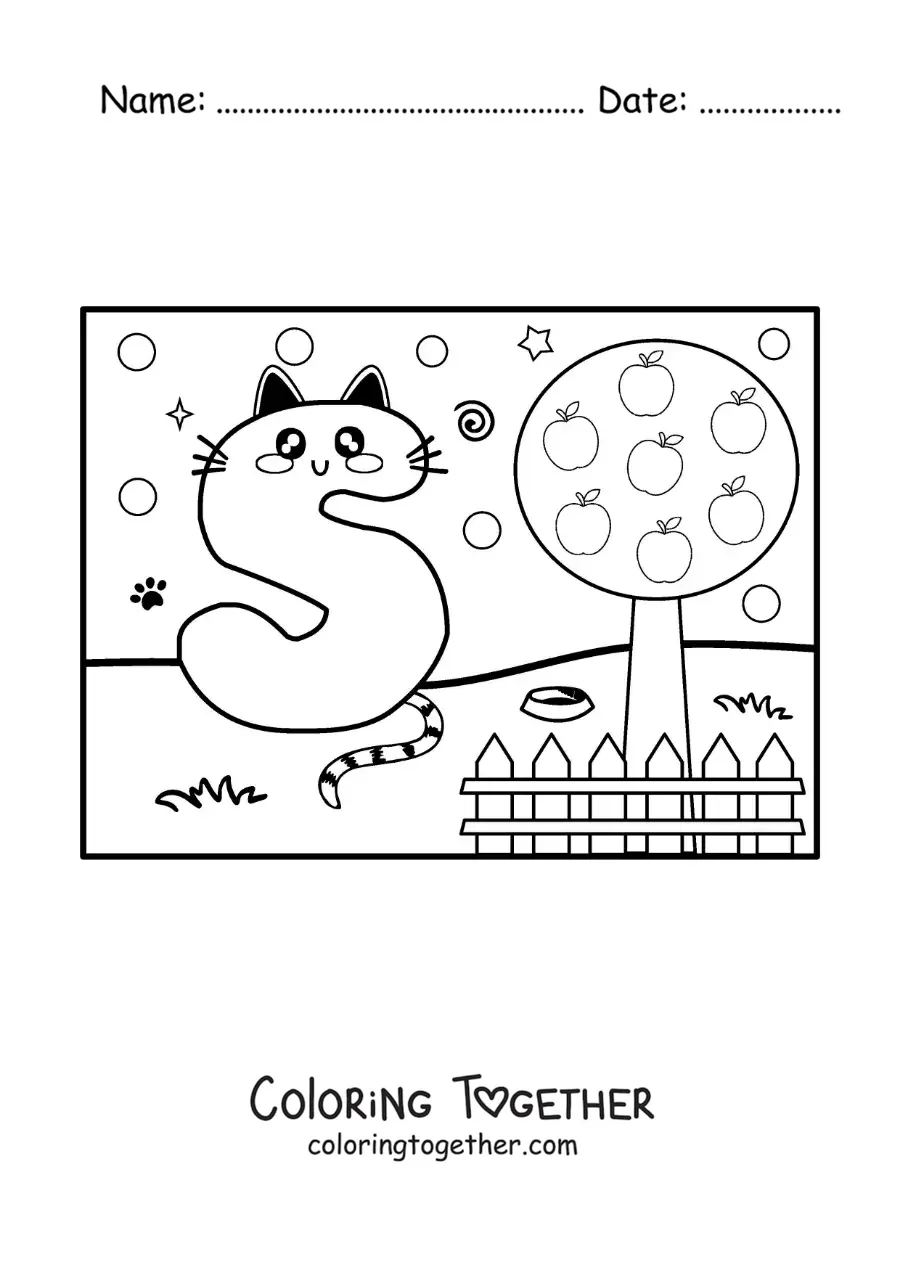 Coloring page of the cartoon letter S shaped like a cat in the park