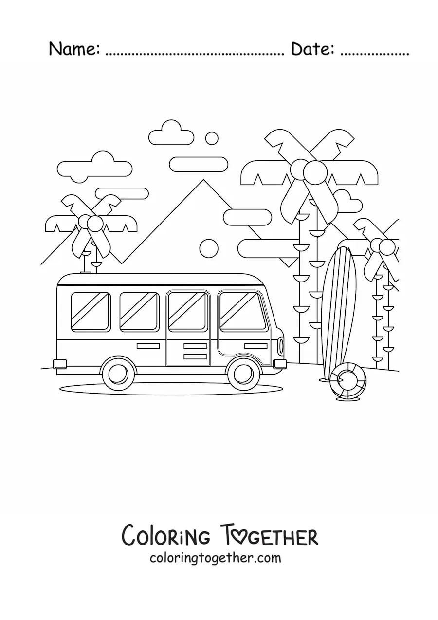 Coloring page of a travel bus at the beach
