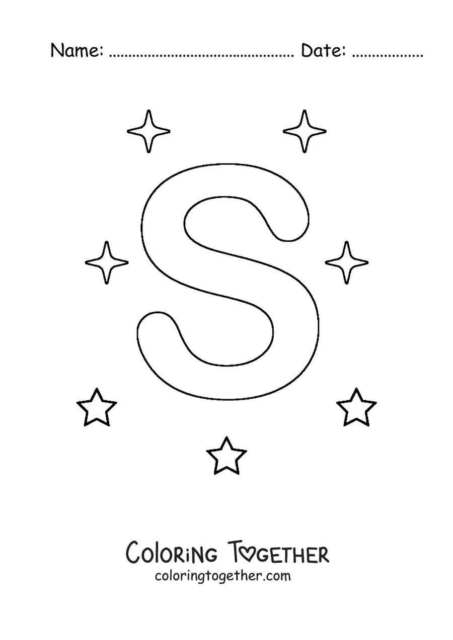Coloring page of the uppercase letter S with stars