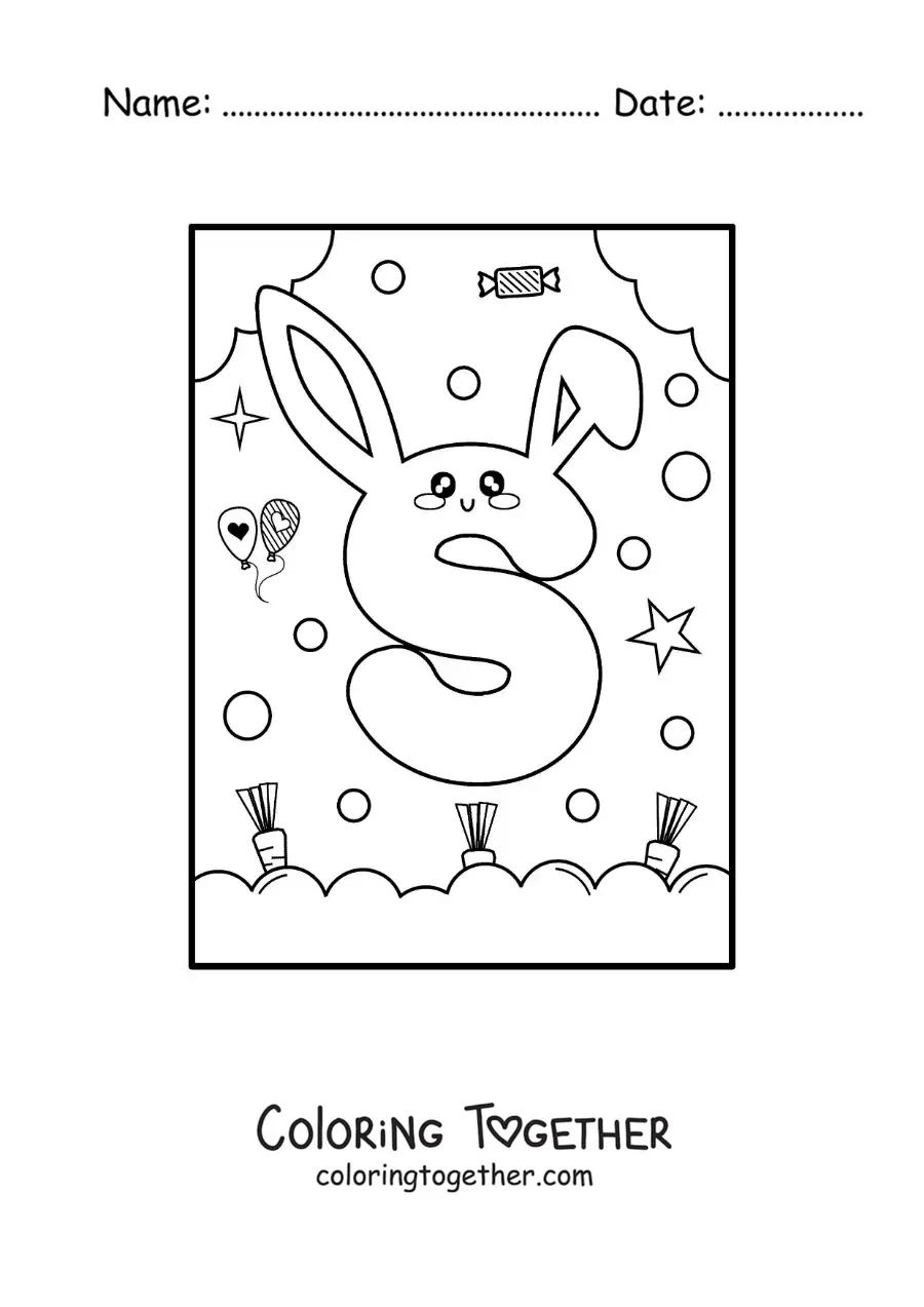 Coloring page of the letter S shaped like a cartoon kawaii rabbit
