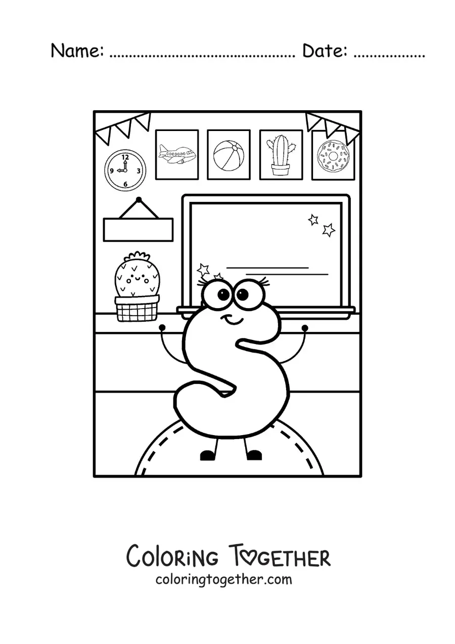Coloring page of the cartoon letter S at school
