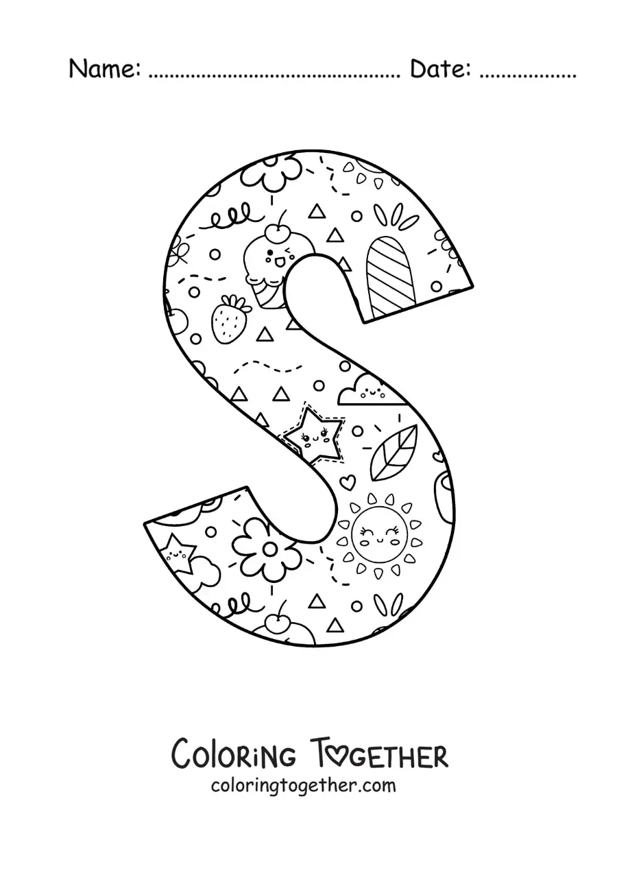 Coloring page of the letter S with cartoons