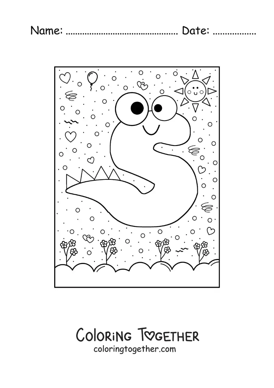 Coloring page of the cartoon letter S shaped like a monster