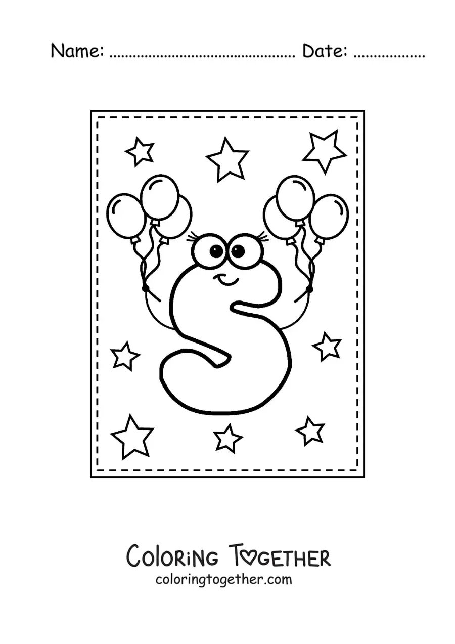 Coloring page of the cartoon uppercase letter S with balloons