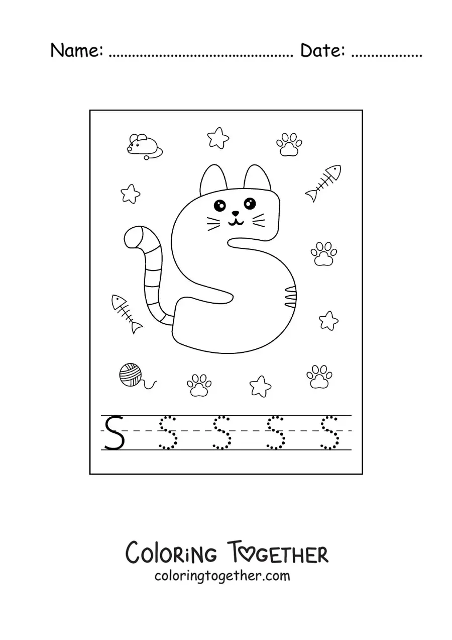 Coloring page of the cartoon letter S shaped like a cat