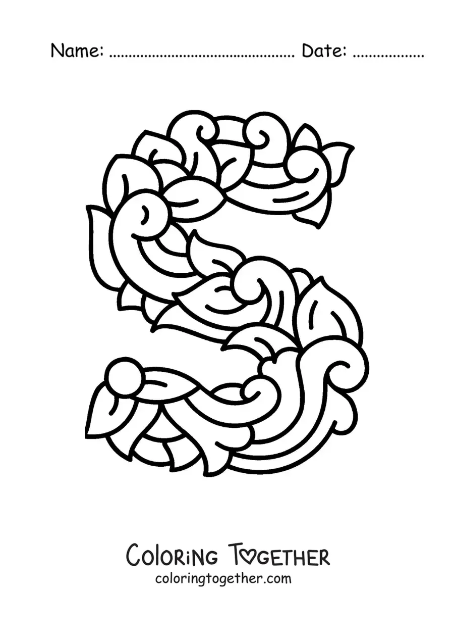 Coloring page of a decorated uppercase letter S