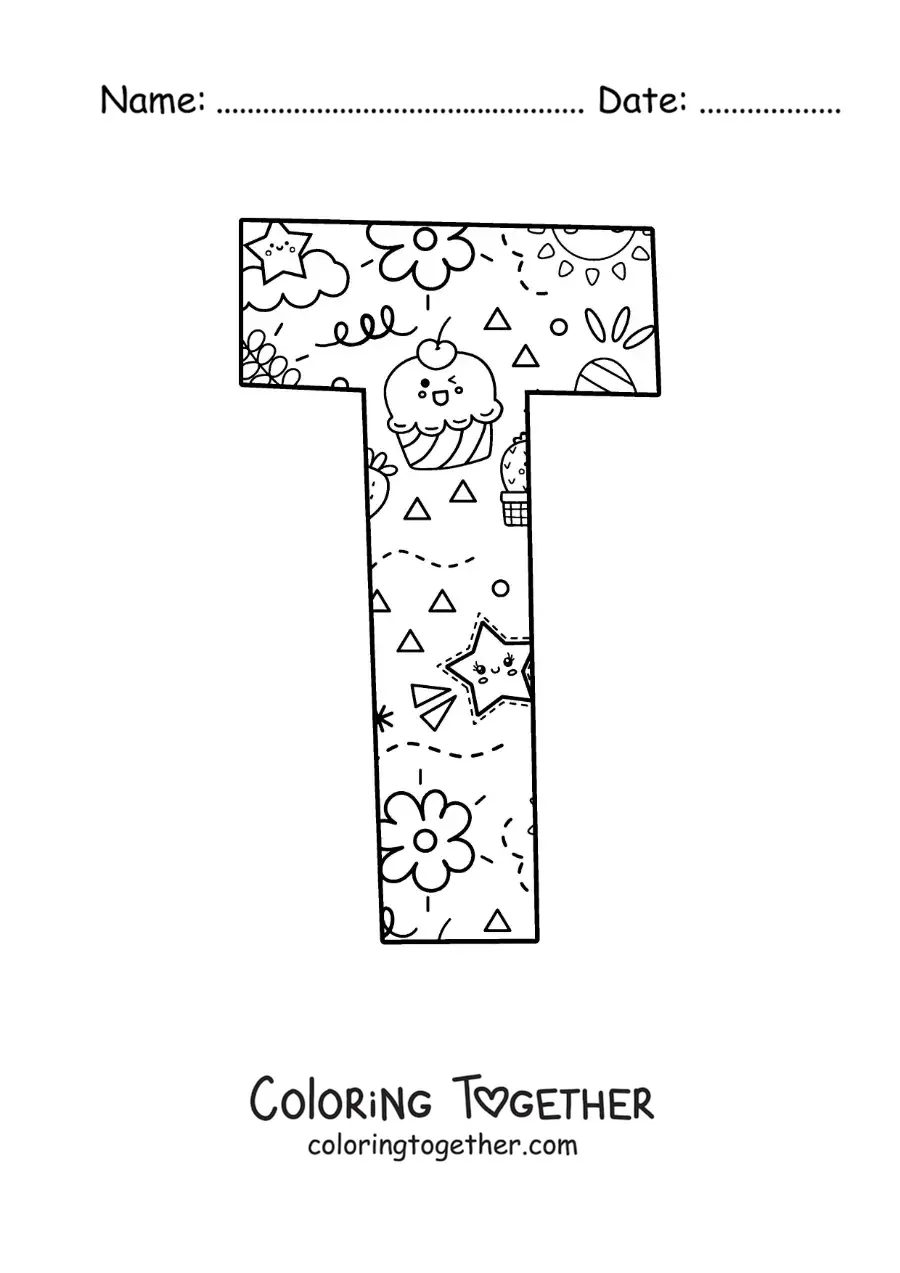 Coloring page of the letter T with cartoons