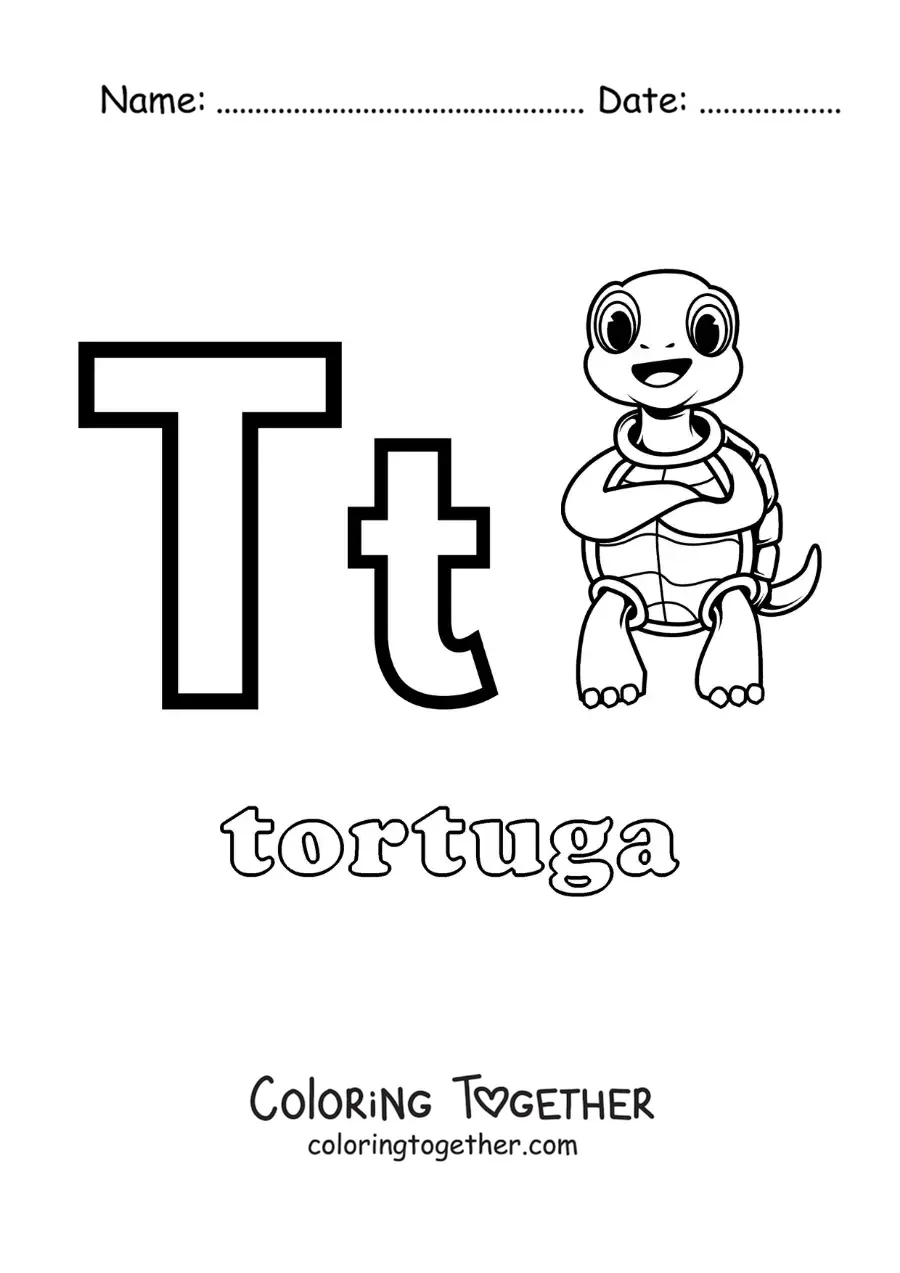 Coloring page of T for turtle