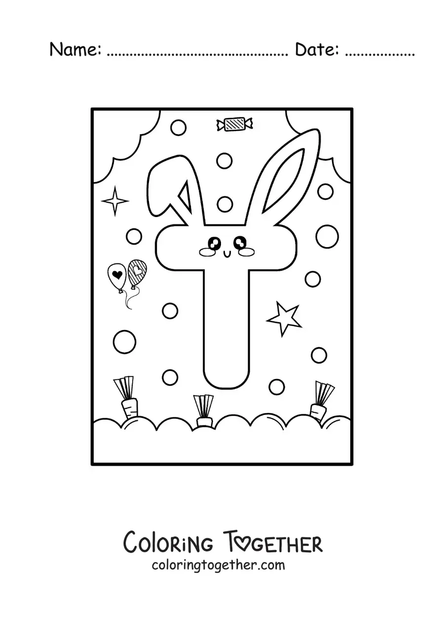 Coloring page of the letter T shaped like a cute kawaii cartoon bunny