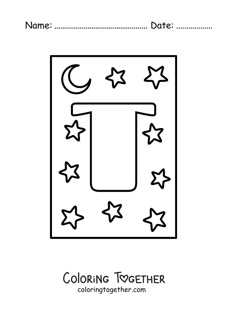 Coloring page of the uppercase letter T with stars and a moon
