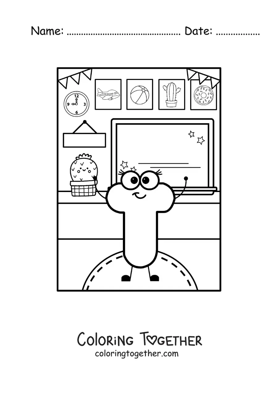 Coloring page of the cartoon letter T at school