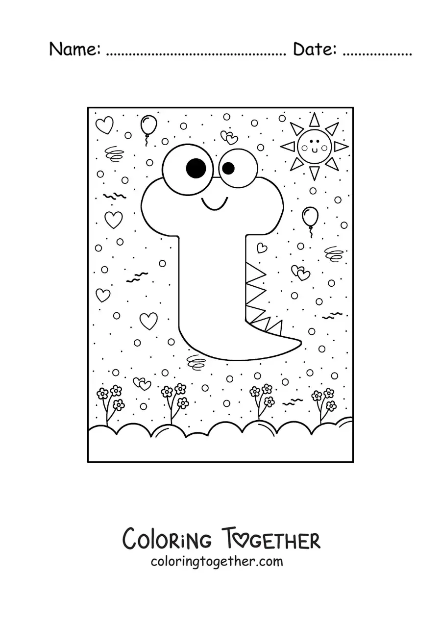 Coloring page of the cartoon letter T shaped like a monster