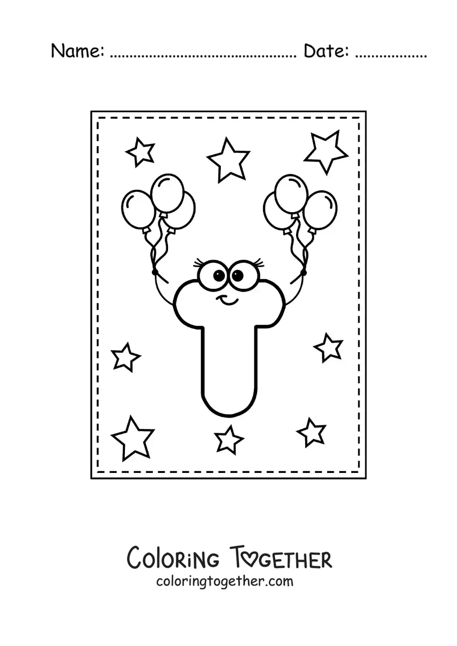 Coloring page of the cartoon uppercase letter T with balloons