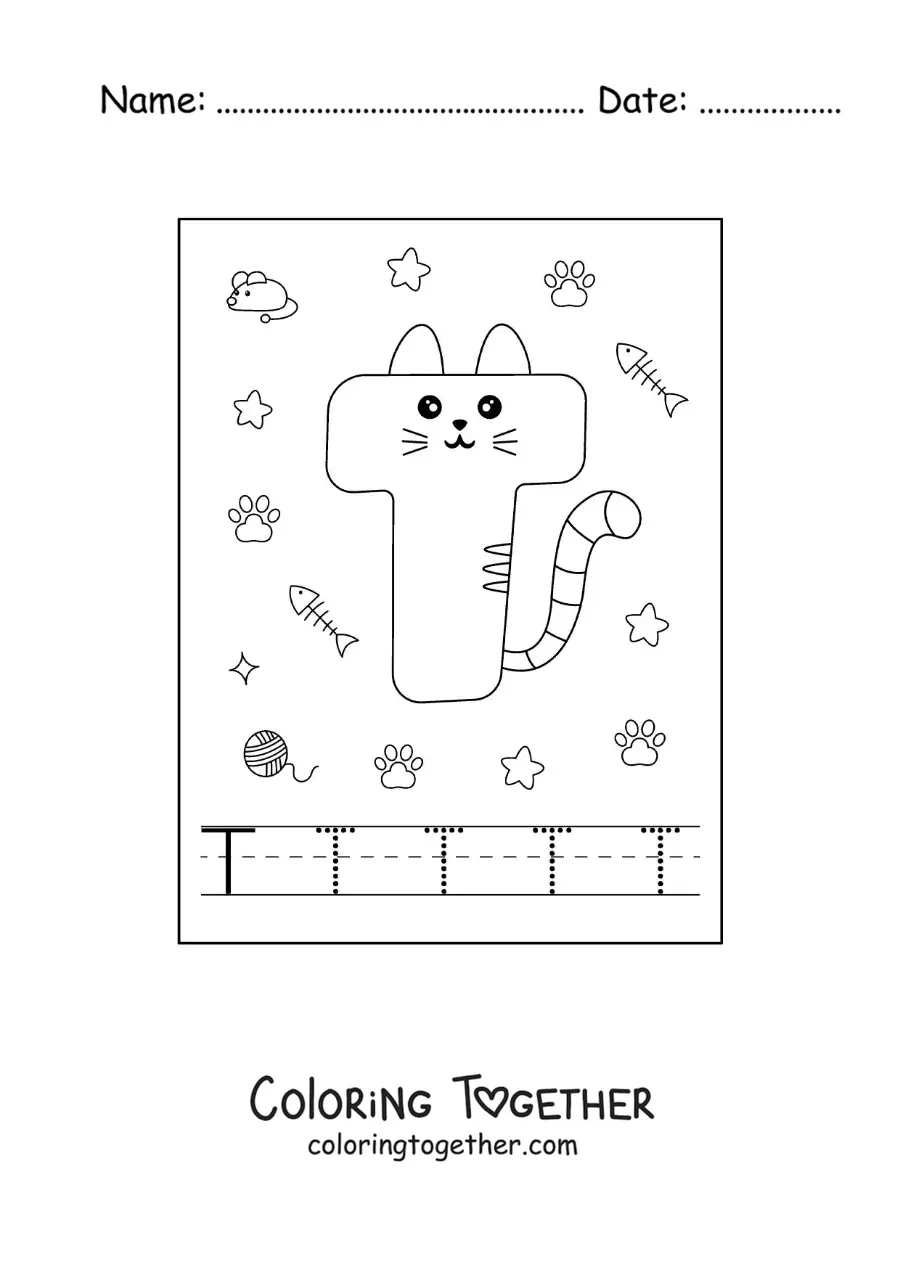 Coloring page of the cartoon letter T shaped like a cat